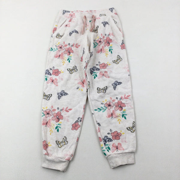 Butterflies & Flowers Beige Joggers - Girls 7-8 Years