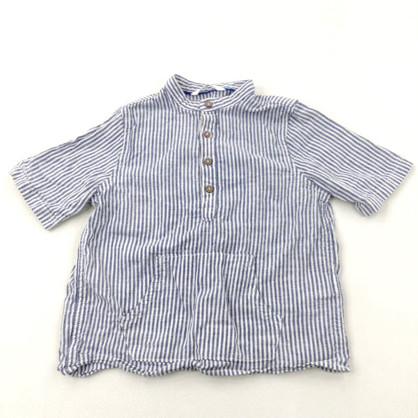 Blue & White Striped Collarless Cotton Short Sleeve Shirt - Boys 5-6 Years