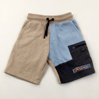 'Awesome Attitude' Beige, Blue & Grey Jersey Shorts - Boys 6-7 Years