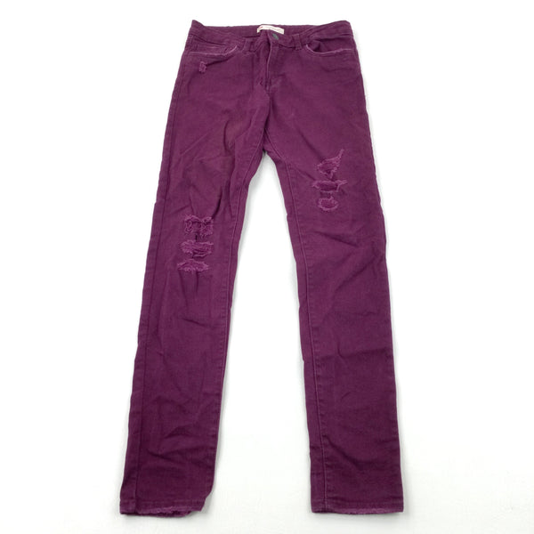 Purple Distressed Denim Jeans With Adjustable Waist - Girls 14-15 Years