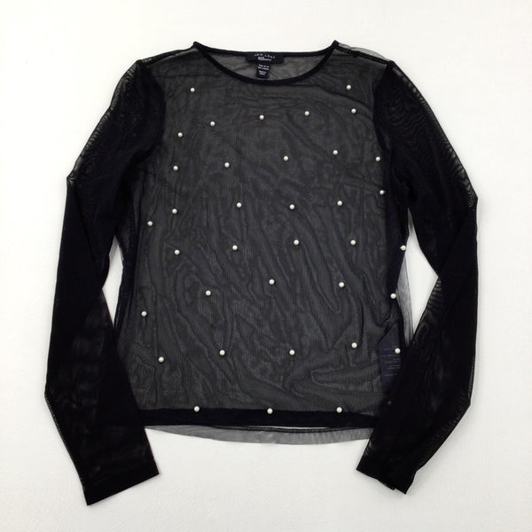 Pearls Black Sheer Long Sleeve Top - Girls 14-15 Years