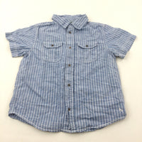 Blue & White Striped Cotton Short Sleeve Shirt - Boys 9-10 Years