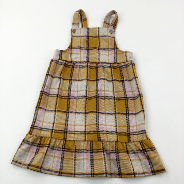 Mustard, Pink & Black Checked Dungaree Dress - Girls 6-7 Years