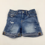 Distressed Mid Blue Denim Shorts With Adjustable Waist - Girls 6-7 Years