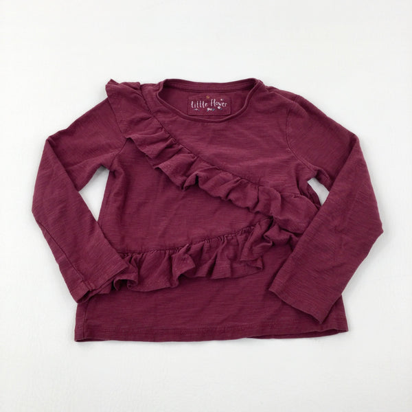 Frills Burgundy Long Sleeve Top - Girls 3-4 Years