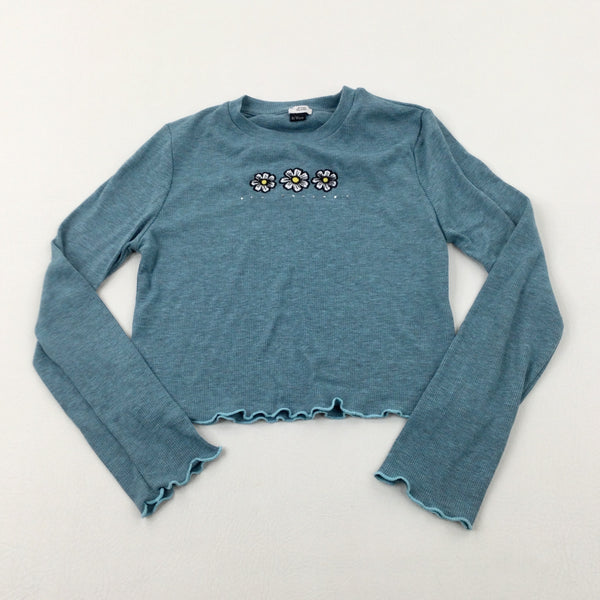 Daisies Embroidered Green Ribbed Cropped Long Sleeve Top - Girls 9-10 Years