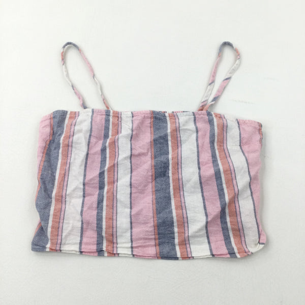 Pink, Blue & White Striped Linen Mix Cropped Vest Top - Girls 14-15 Years