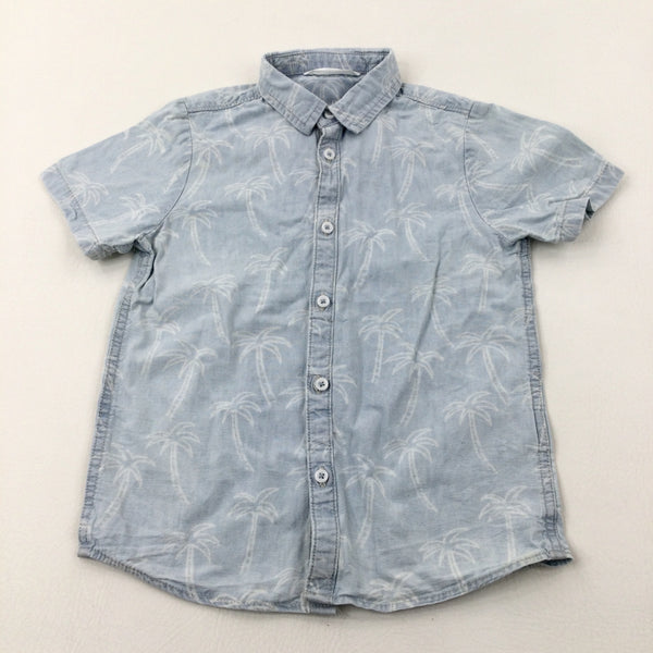 Palm Trees Blue Denim Effect Cotton Short Sleeve Shirt - Boys 5-6 Years