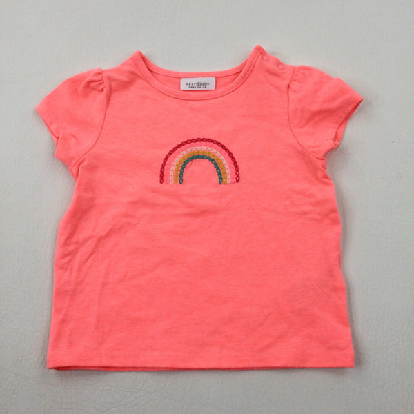 Rainbow Embroidered Neon Orange T-Shirt - Girls 3-6 Months