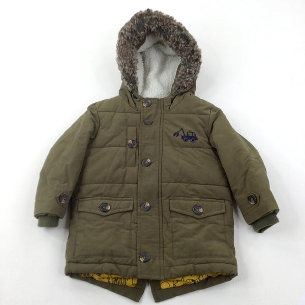 Digger Embroidered Khaki Green Parka Winter Coat - Boys 18-24 Months