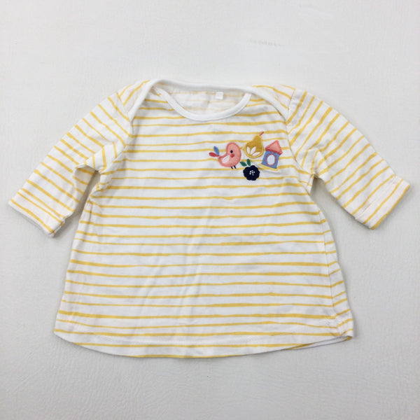 Bird & Birdhouse Appliqued Yellow & White Striped Long Sleeve Top - Girls 3-6 Months
