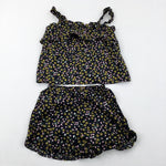 Flowers Black Vest Top & Matching Shorts - Girls 8-9 Years