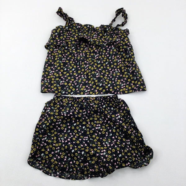 Flowers Black Vest Top & Matching Shorts - Girls 8-9 Years