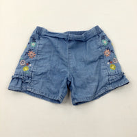 Flowers Embroidered Blue Denim Effect Cotton Shorts - Girls 2-3 Years