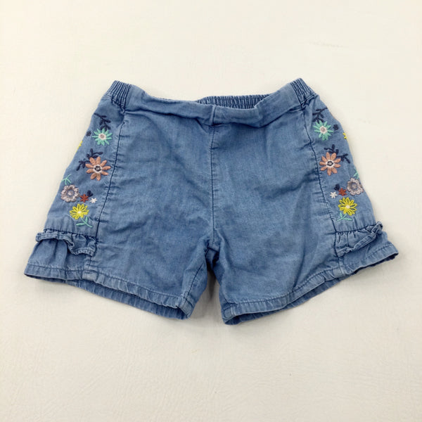 Flowers Embroidered Blue Denim Effect Cotton Shorts - Girls 2-3 Years
