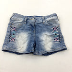 Embroidered Patterned Light Blue Denim Shorts - Girls 8-9 Years