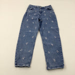 Flowers Embroidered Mid Blue Denim Jeans With Adjustable Waist - Girls 10-11 Years
