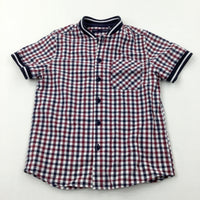 Burgundy & Navy Checked Collarless Short Sleeve Shirt - Boys 5-6 Years