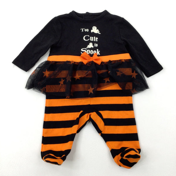 'Too Cute To Spook' Ghosts Black & Orange Babygrow With Attached Skirt - Girls 0-3 Months