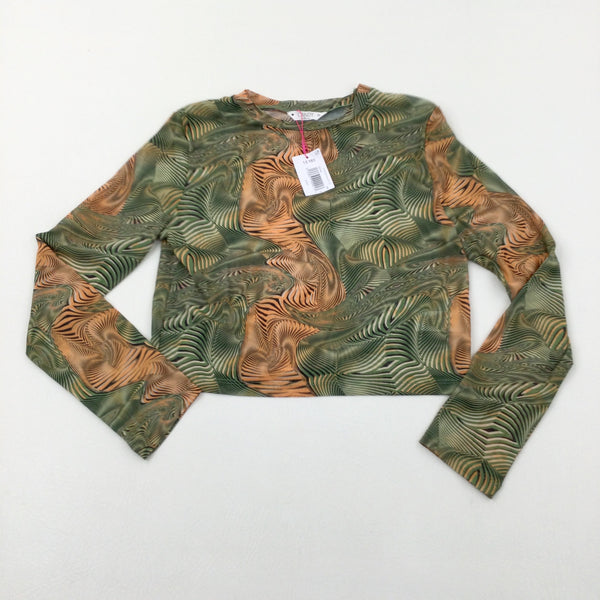 **NEW** Green & Orange Patterned Sheer Cropped Long Sleeve Top - Girls 14-15 Years