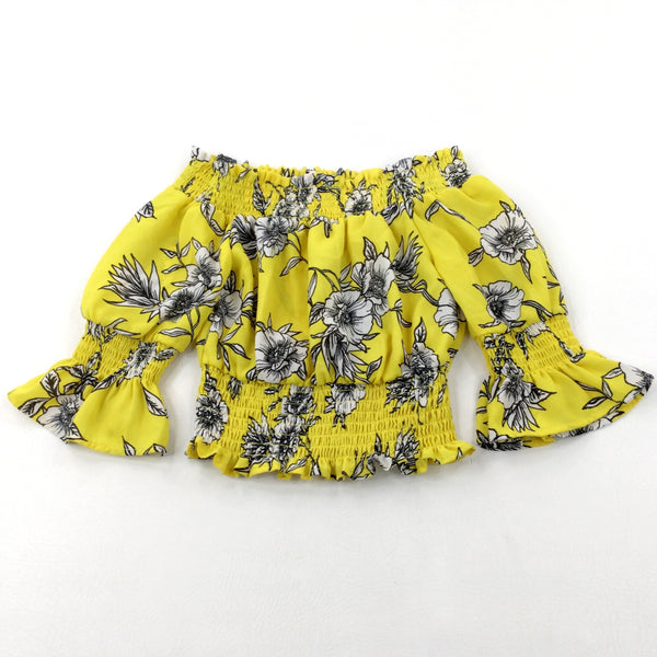 Flowers Yellow Off The Shoulder Top - Girls 9-10 Years
