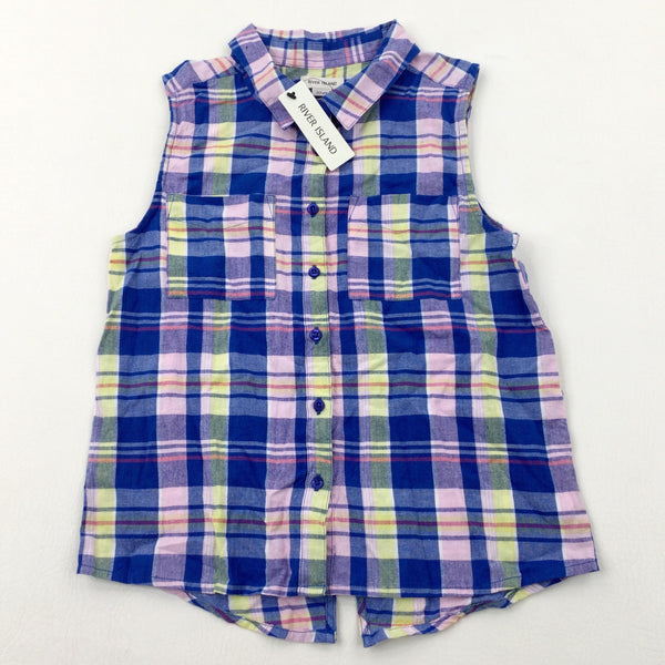 **NEW** Pink, Blue & Yellow Checked Sleeveless Blouse - Girls 9-10 Years