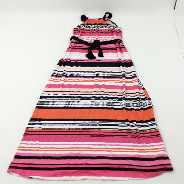 Red, Pink, Black & White Striped Jersey Maxi Dress With Belt - Girls 11-12 Years