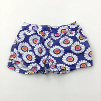 Flowers Blue Cotton Shorts With Adjustable Waist - Girls 3-4 Years