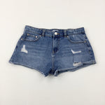 Distressed Mid Blue Denim Shorts With Adjustable Waist - Girls 10-11 Years