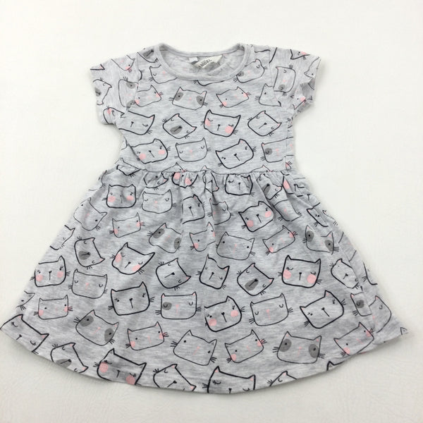 Cat Faces Grey Jersey Dress - Girls 18-24 Months