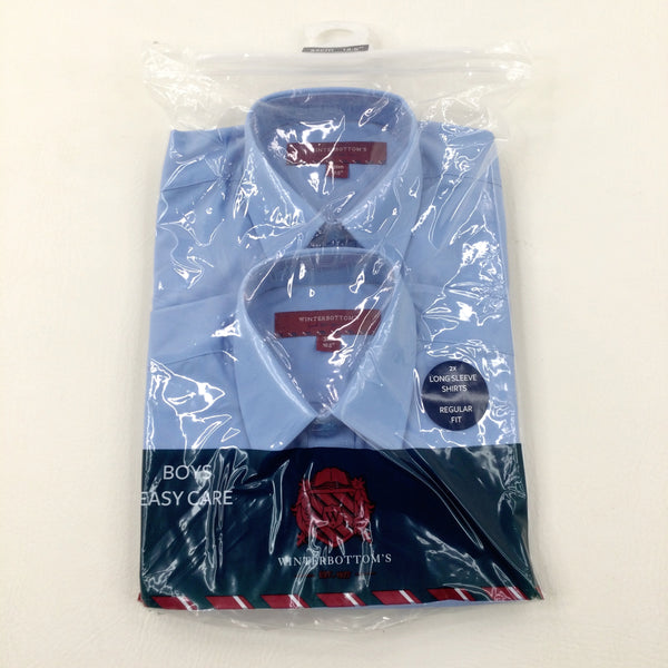 **NEW** Pack of 2 Blue Regular Fit Long Sleeve School Shirts - Collar 12.5" (RRP. £19) - Boys 9-10 Years