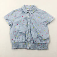 Flowers Blue Striped Cotton Short Sleeve Shirt - Girls 6-7 Years
