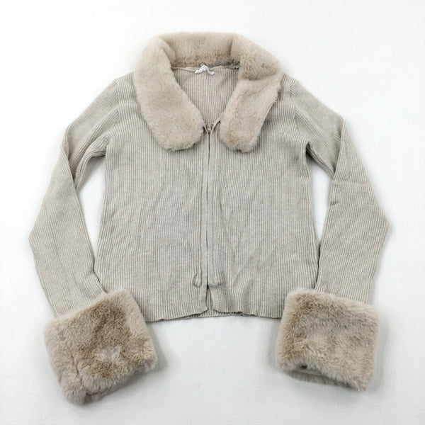 Beige Ribbed Knitted Cardigan With Detachable Faux Fur Collar & Cuffs - Girls 14-15 Years
