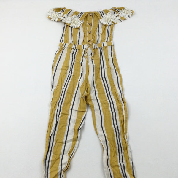 Mustard Yellow, White & Black Striped Lightweight Jumpsuit - Girls 9-10 Years