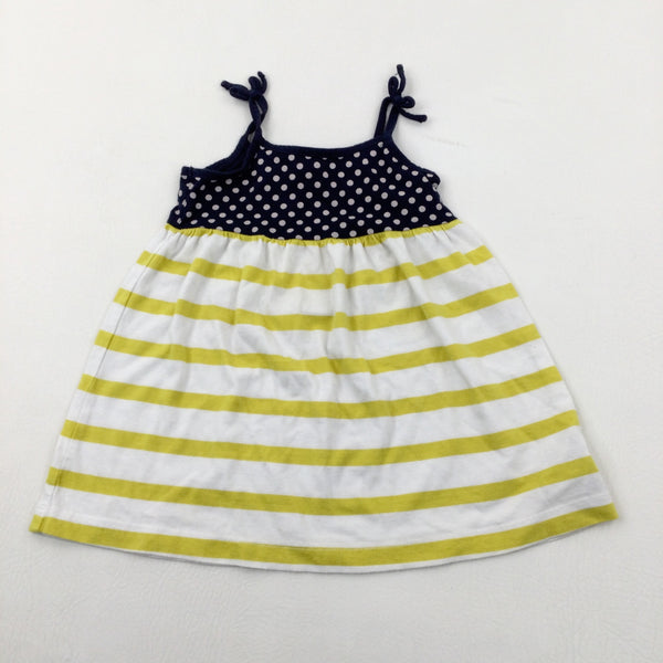 Spots & Stripes Navy, Yellow & White Cotton Jersey Dress - Girls 18-24 Months