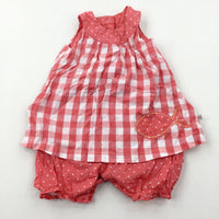 Fish Appliqued Coral Pink & White Checked Mock Layer Romper - Girls 6-9 Months