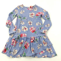 Flowers Blue & White Striped Cotton Jersey Dress - Girls 7-8 Years