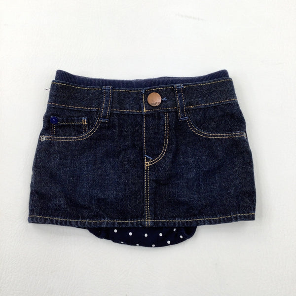 Dark Blue Denim Skirt With Attached Spotty Nappy Pants - Girls 6-12 Months