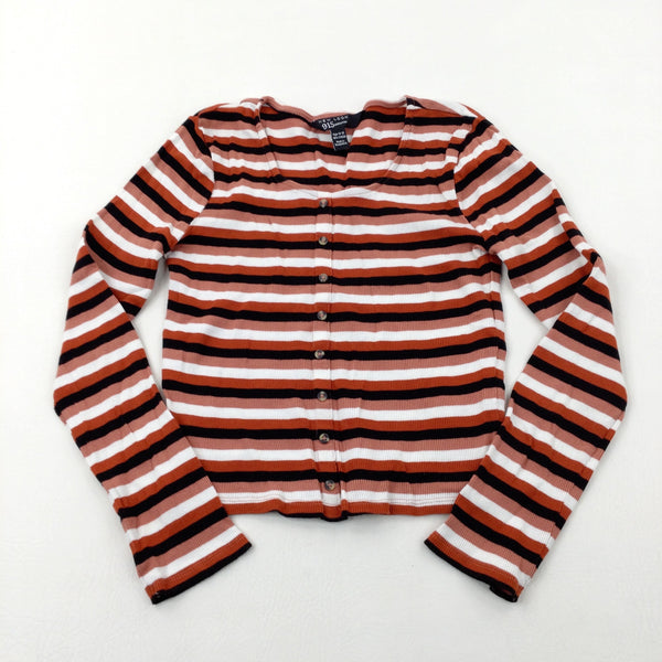 Tan, Black & White Striped Long Sleeve Cropped Top - Girls 14-15 Years