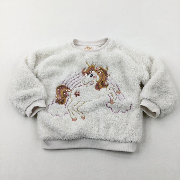 Sequinned Unicorn & Rainbow White Fluffy Jumper - Girls 2-3 Years