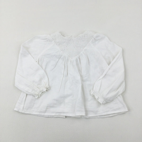 Gathered Neckline White Long Sleeve Top - Girls 3-4 Years