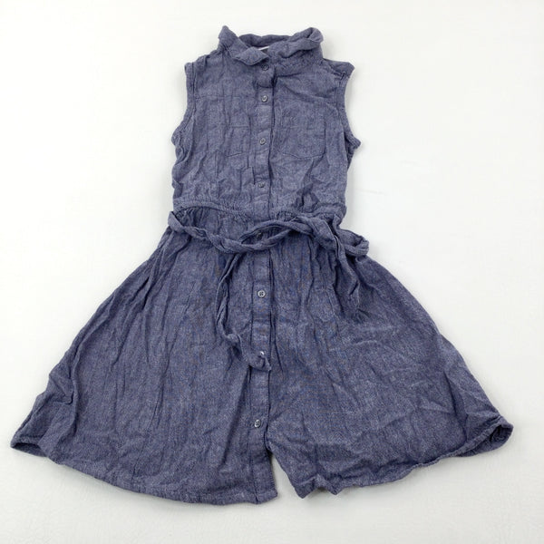 Blue Denim Effect Cotton Dress With Belt - Girls 7-8 Years