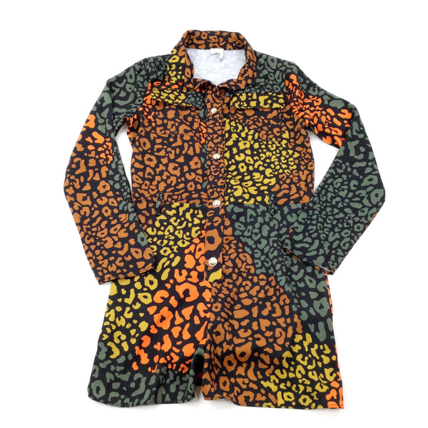 Colourful Animal Print Black Long Sleeve Smart Playsuit - Girls 11-12 Years