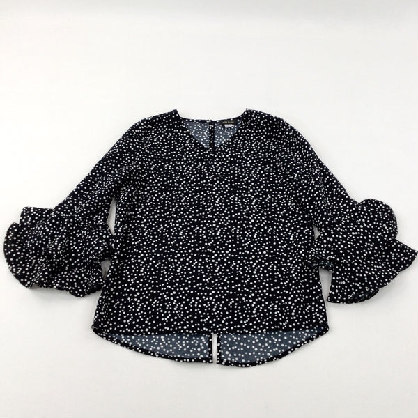 Spotty Black & White Frilly Sleeves Blouse - Girls 9-10 Years