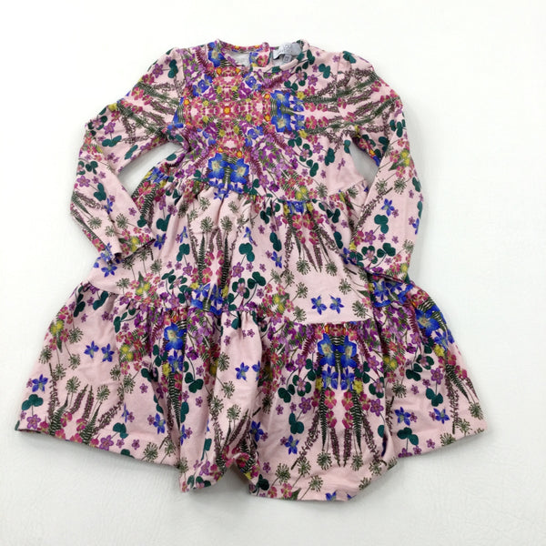 Flowers Pink Long Sleeve Jersey Dress - Girls 3-4 Years