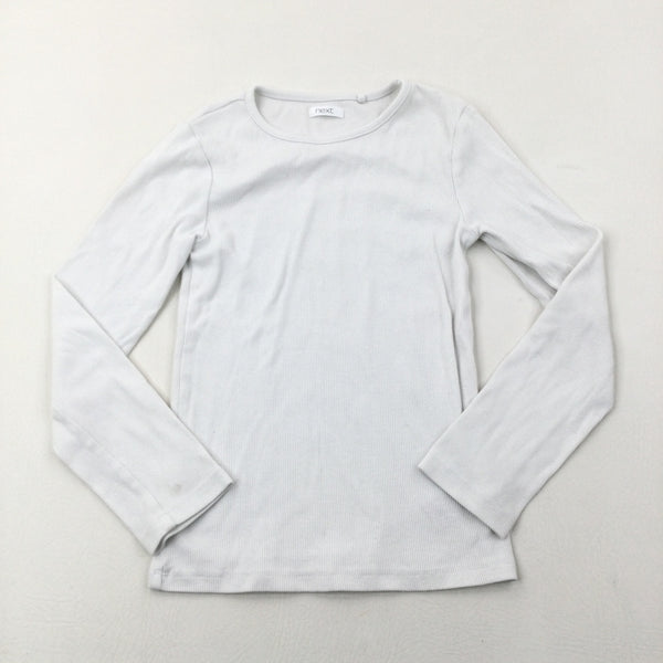 White Ribbed Long Sleeve Top - Girls 7-8 Years
