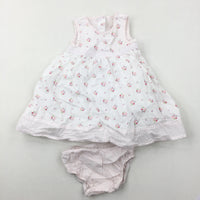 Flowers White & Pink Lined Cotton Dress & Matching Nappy Pants - Girls 6-9 Months