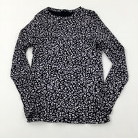 Flowers Black & White Ribbed Long Sleeve Top - Girls 7-8 Years