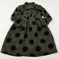 Spotty Khaki Green & Black Long Sleeve Lined Shirt Dress - Girls 8-9 Years
