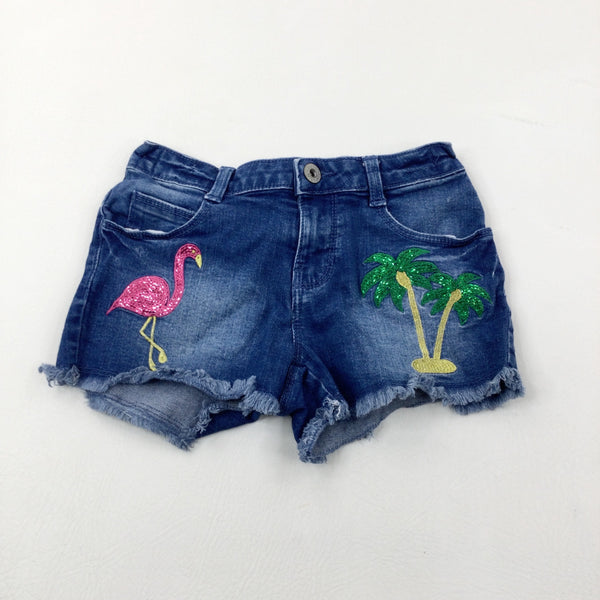 Sequin Flamingo & Palm Tree Denim Shorts With Adjustable Waist - Girls 7-8 Years